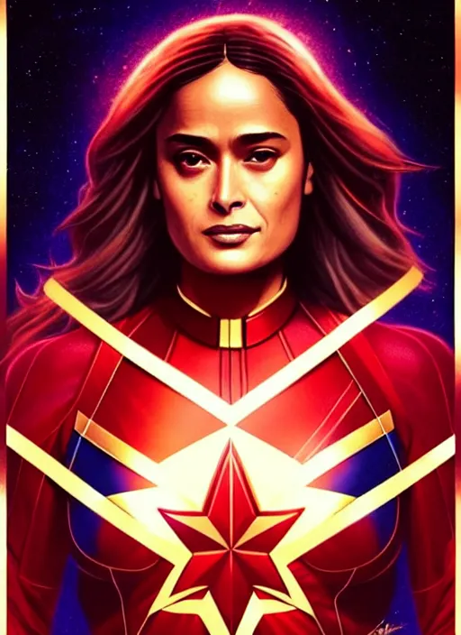 Prompt: salma hayek as captain marvel, intricate, elegant, glowing lights, highly detailed, digital painting, artstation, glamor pose, concept art, smooth, sharp focus, illustration, art by artgerm and greg rutkowski, artey freytag