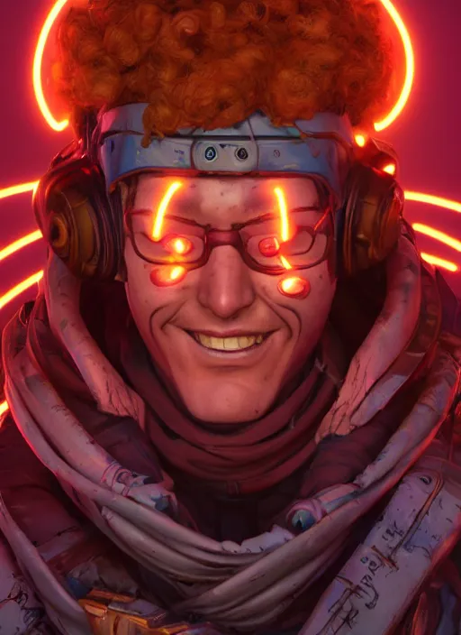 Image similar to glowwave portrait of curly orange hair man from borderlands 3, au naturel, hyper detailed, digital art, trending in artstation, cinematic lighting, studio quality, smooth render, unreal engine 5 rendered, octane rendered, art style by klimt and nixeu and ian sprigger and wlop and krenz cushart.