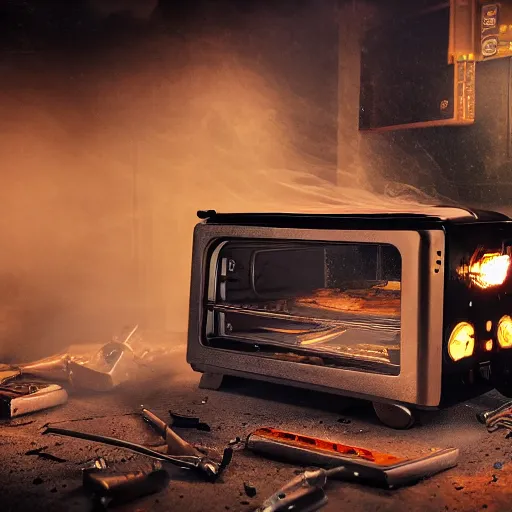 Image similar to cyborg toaster oven augmentation, dark messy smoke - filled cluttered workshop, dark, dramatic lighting, orange tint, sparks, cinematic, highly detailed, sci - fi, futuristic, movie still