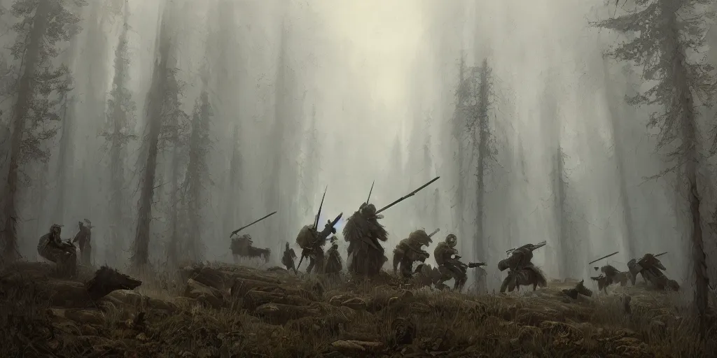 Prompt: a painting of a group of medieval villagers with rifles being attacked by 3 big wolves in a foggy dense forest by greg rutkowski, dark fantasy art, high detail, trending on artstation