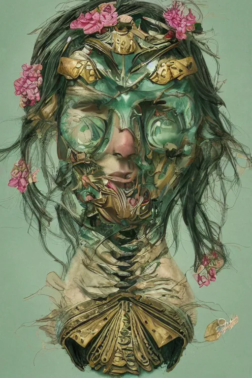 Image similar to portrait of beautiful young mainem, warhammer, japaneese style, cyber armor, a lot of more scars, more and more flowers, green head, the middle ages, highly detailed, artstation, illustration, art by rene magritte, 8 k quality