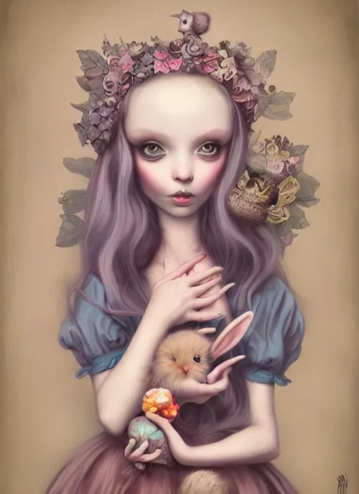 Prompt: pop surrealism, lowbrow art, realistic cute alice girl painting, holding a bunny, hyper realism, muted colours, rococo, natalie shau, loreta lux, tom bagshaw, mark ryden, trevor brown style,