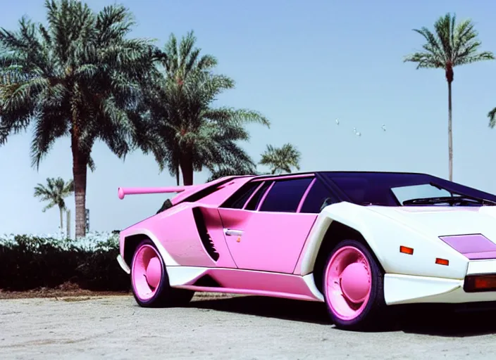 Prompt: a white lamborghini countach. palms and blue sky in the background. 8 0's style. purpur to pink gradient