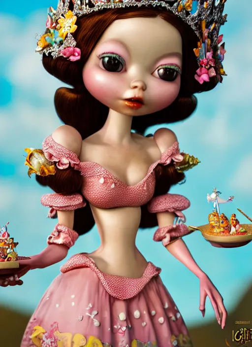 Prompt: highly detailed closeup, profile portrait of a tin toy fairytale princess wearing a crown eating cakes, bikini, unreal engine, nicoletta ceccoli, mark ryden, earl norem, lostfish, global illumination, detailed and intricate environment