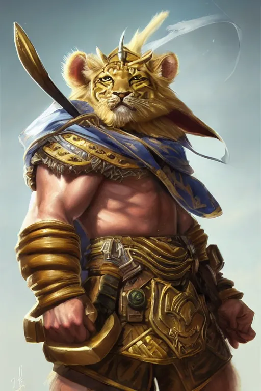 Image similar to legendary leonin fighter portrait, highly detailed, d & d, fantasy, highly detailed, digital painting, trending on artstation, concept art, sharp focus, illustration, global illumination, ray tracing, realistic shaded, art by artgerm and greg rutkowski and fuji choko and viktoria gavrilenko and hoang lap