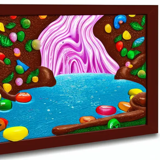 Image similar to chocolate river, flowing off a candy Mountain into a chocolate ocean, lush with gumdrop trees, high detail, 4k