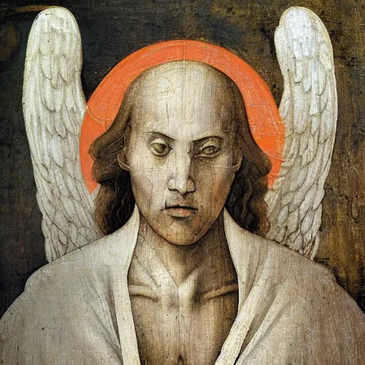 Prompt: realistic medieval painting portrait of white angel with clean narrow face like noface, 3 / 4, miracle light coming up from the head up and up, misty space, grace and blessing, by hieronymus bosch, by leonardo da vinci, by theophanes the greek, by andrei rublev, renaissance, christianity, marble stone, glow effect, white background