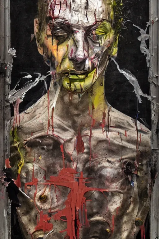 Image similar to portrait of medici emerging from the darkness, paint drips, painted by Francis Bacon horror, bodies painted by Lucian Freud, Renaissance, John Singer Sargant, glitch, graffiti by Cy Twobmly writing