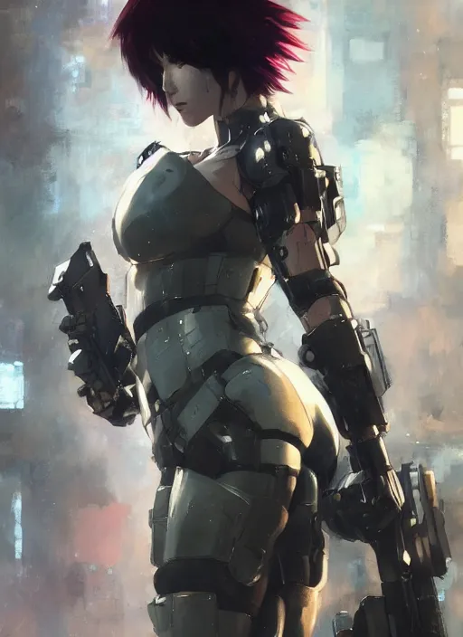 Prompt: motoko kusanagi wearing metal gear armor holding gun dramatic lighting art by brandon anschultz by yoji shinkawa by richard schmid by greg rutkowski by sandra chevrier by jeremy lipking, cinematic dramatic brush strokes background, sharp lines