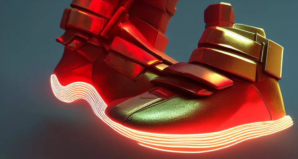 Prompt: realistic 3 d render of a cyberpunk android sneaker, beautiful studio lighting, soft, sharp focus, neon cyberpunk highlights, intricate detail, gold and red accents, soft rubber, octane render, side view, close up, trending on artstation, deviantart, syd mead, moebius