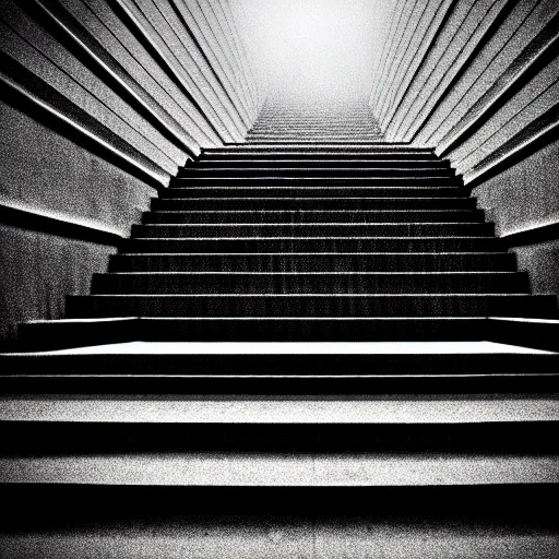 Image similar to black and white surreal photograph, highly detailed vast space made of stairsteps, sideview, detailed textures, natural light, mist, architecture photography, film grain, soft vignette, sigma 1 4 mm f / 1. 4 1 / 1 0 sec shutter, imax 7 0 mm footage