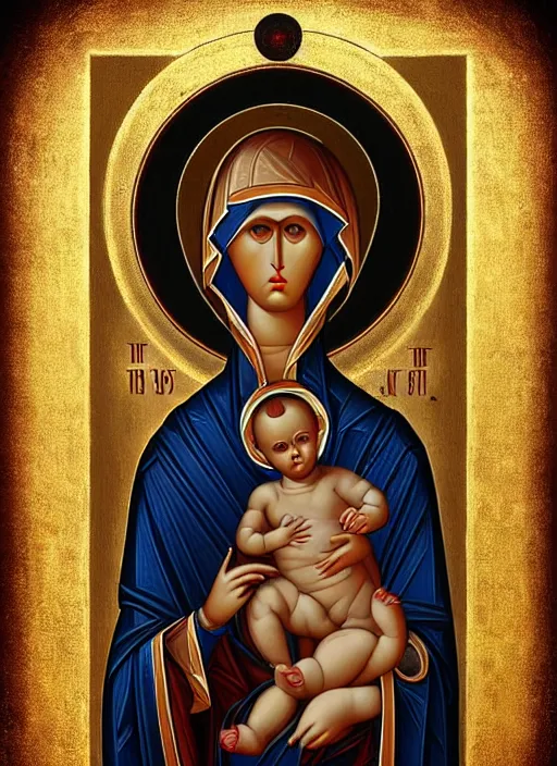 Image similar to realistic detailed 8k photo of futuristic holy cyborg-mother holding a newborn baby child in hands by Raphael Santi, orthodox icon Neo-Gothic, gothic, rich deep colors. masterpiece