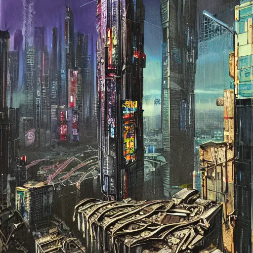 Prompt: this painting is influenced with cyberpunk. a tall skyscraper lies in ruins, on a grey concrete urban sprawl. a tangle of vines and metal snake out of the now empty windows and balconies.