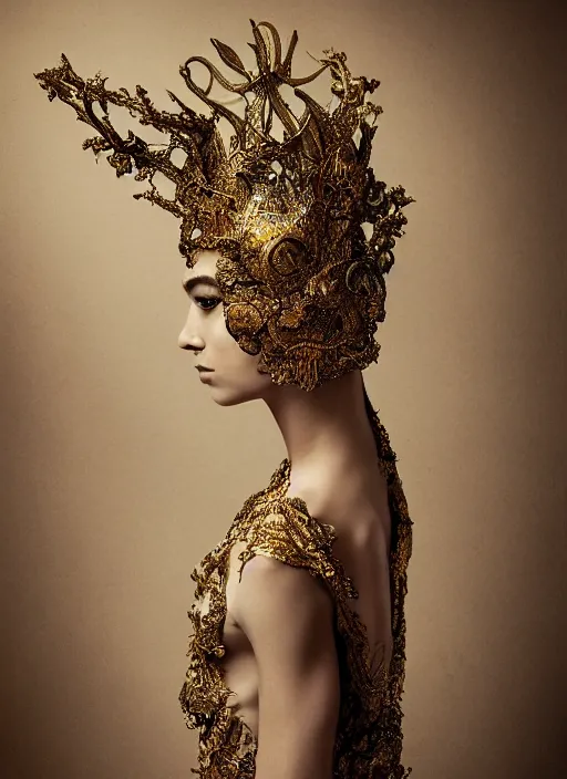Image similar to a portrait of female model by stefan geselle and nekro borja, photorealistic, intricate details, hyper realistic, fantasy, elegant, ornate metal gold headpiece, photorealistic, canon r 3, photography, wide shot, symmetrical features, wide angle shot, perfect body standing pose, feet on the ground, studio background