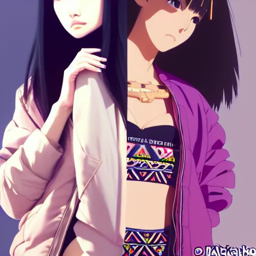 Image similar to a beautiful japanese natalie portman gravure model, wearing oversized native designer bomber jacket and leotard, bulky poofy bomber jacket with mesoamerican patterns, mesoamerican native street fashion, gapmoe yandere grimdark, trending on pixiv fanbox, painted by greg rutkowski makoto shinkai takashi takeuchi studio ghibli, akihiko yoshida