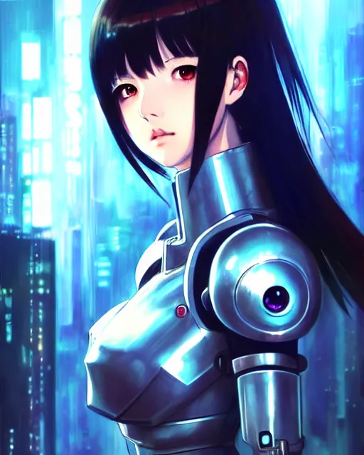 Image similar to portrait Anime Girl in mecha armor in night tokyo Sharp fine face pretty face, realistic shaded Perfect face, fine details. Anime. cyberpunk realistic shaded lighting by katsuhiro otomo ghost-in-the-shell, magali villeneuve, artgerm, rutkowski Jeremy Lipkin and Giuseppe Dangelico Pino and Michael Garmash and Rob Rey