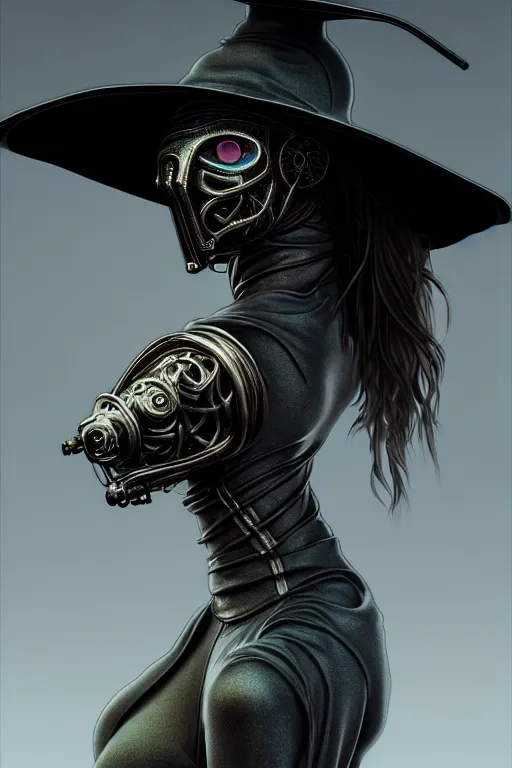 Image similar to 3 / 4 stunning photorealistic portrait of a female plague doctor in a kowloon! cyberpunk cityscape, bioluminescent biomechanical bodysuit, fractal acid rain, dark fantasy, by artgerm and sorayama and alphonse mucha, ultrarealistic, hyperdetailed, trending on artstation, octane render