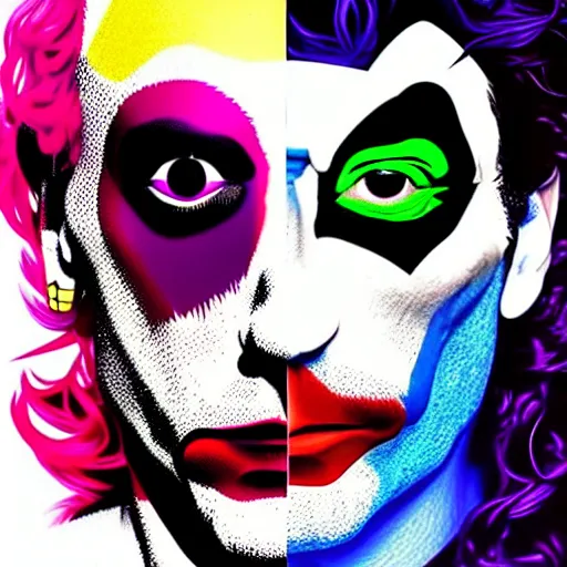 Prompt: richard hamilton and mimmo rottela as lady gaga harley queen and joaquin phoenix joker couple, pop art, 2 color, center, object details, dynamic composition, 4 k, ultra realistic art, smooth, sharp focus, illustration, concept art, intricate details, h 7 6 8