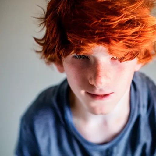 Image similar to portrait of a15 year old red-haired boy, f2.8 50mm lens, canon