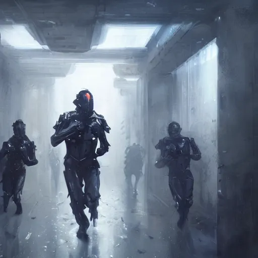 Image similar to concept art by greg rutkowski, three people running dressed in futuristic riot gear, in a claustrophobic, futuristic and brutalist environment, frightening and creepy atmosphere, scifi, highly detailed portrait, digital painting, artstation, concept art, smooth, sharp foccus ilustration, artstation hq