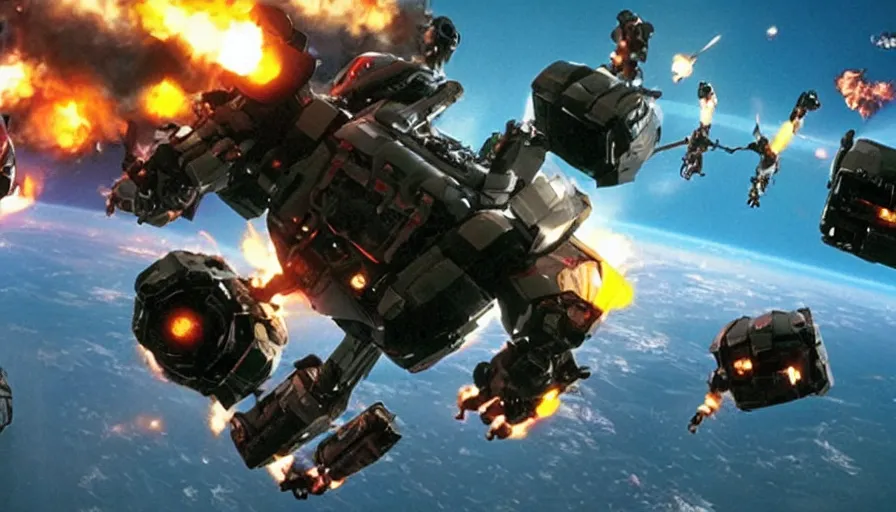 Image similar to full - color cinematic movie still from a live - action dairugger action film directed by michael bay. the scene features the science - fiction vehicles from dairugger fighting in space and joining together to form a giant robot. highly - detailed ; photorealistic ; epic.