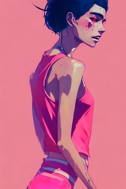 Image similar to a ultradetailed beautiful painting of a stylish woman in a pink tank top, by conrad roset, greg rutkowski and makoto shinkai trending on artstation