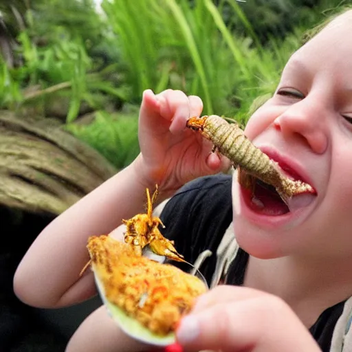 Image similar to portrait of very happy Rhianna eating gigantic bugs,