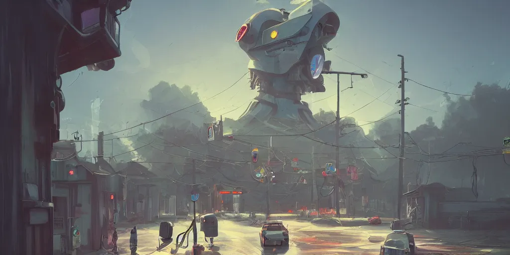Image similar to a street view with a giant weird creaturesimon stalenhag, highly detailed, digital art, realistic, trending on artstation, 4 k