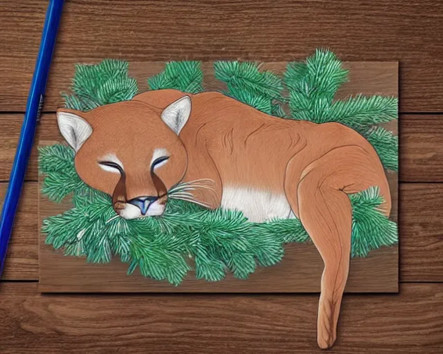 Image similar to unfinished colouring book showing 'a cougar sleeping in the middle of snowy pine tree' laying on coffee table, zoomed out shot, HD, iphone capture