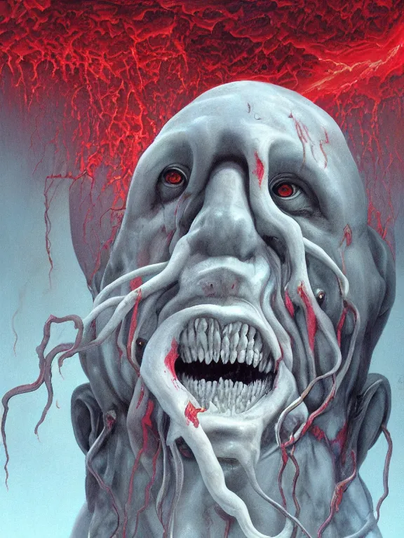 Image similar to wayne barlowe painting of a flying sorrowful looking severed human head, floating head with tears running down it's eyes, face that is chalk white in color, with long white tentacles stemming from it's neck, fiery scorching red eyes, background sprawling terrifying hellish cave with lava flowing through it's walls, 4 k