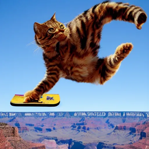 Prompt: garfield doing a kickflip over the grand canyon