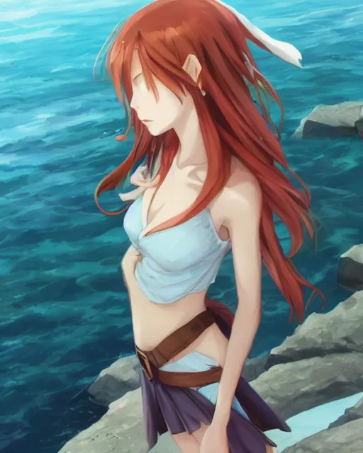 Image similar to an attractive young female elf with long flowing auburn hair, standing on the beach on the ground front facing, looking at camera, blue water, anime. By Makoto Shinkai, Stanley Artgerm Lau, WLOP, Rossdraws, James Jean, Andrei Riabovitchev, Marc Simonetti, krenz cushart, Sakimichan, trending on ArtStation, digital art.