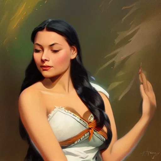 Image similar to portrait of a young pocahontas, idian dress, dreamy and ethereal, expressive pose, peaceful expression, elegant, highly detailed, digital painting, artstation, smooth, sharp focus, by gil elvgren by harry ekham