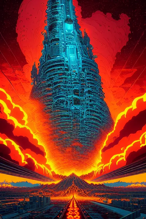 Prompt: artwork by kilian eng and ( dan mumford ) and toshi yoshida and franklin booth showing a gigantic futuristic powerstation!! in front of a ( ( exploding volcano ) ), vintage scifi, high details, dramatic lightning,, 8 k