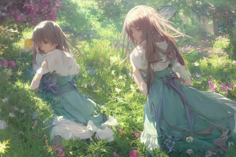 Image similar to a depressed digital art, loli in dress, garden, green and warm theme, blue accents, back lighting, highly detailed, 4 k resolution, trending on art station, by krenz cushart and mucha and akihito yoshida and greg rutkowski and makoto shinkai