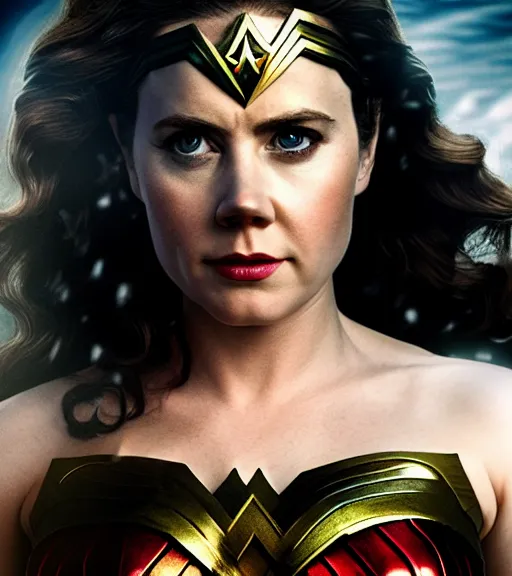 Image similar to a potrait of Amy Adams potrayed as Wonder Woman, Directed by Zack Snyder, Christopher Nolan, Sam Raimi, 8k photorealistic, cinematic lighting, HD, high details, dramatic, trending on artstation, above view, dark atmosphere,