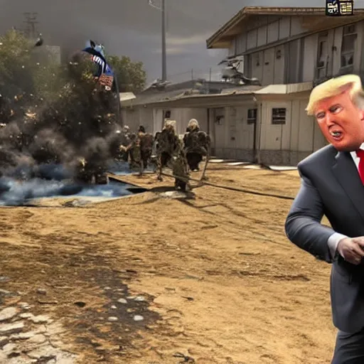 Image similar to Donald Trump playing Call of Duty with Walter Jr from Breaking Bad, realistic, 4k, unreal engine