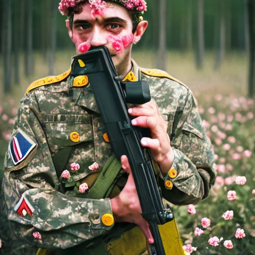 Prompt: close up kodak portra 4 0 0 photograph of a soldier in a flower crowd with ak - 4 7 in which the flowers after the battle standing in dark forest, flower crown, moody lighting, telephoto, blurry background, faded