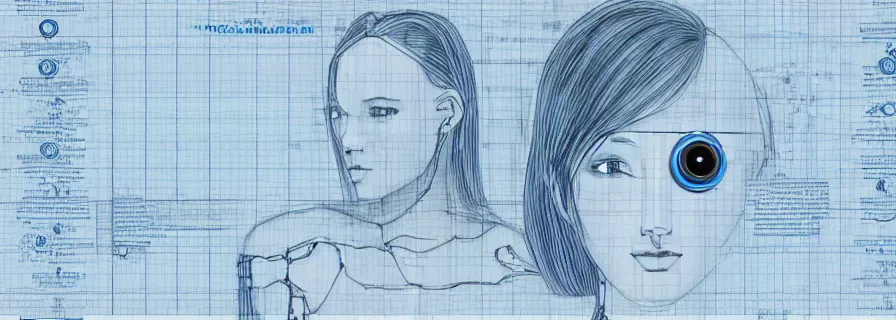 Image similar to very very very beautiful female accompanying global anthropomorphic artificial intelligence, blueprint