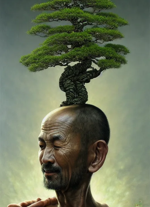 Prompt: monk with a bonsai growing out of his open head, intricate, rim light, extremly detailed oil painting, by tomasz alen kopera, james jean and fenghua zhong, highly detailed, art, cinematic lighting, very coherent, hyper realism, high detail, 8 k