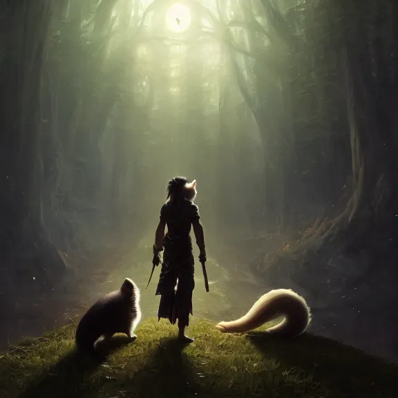 Image similar to a movie still from final fantasy live action, a ferret with personality, evocative, mystical night, sharp focus, very very very very detailed, award winning, masterpiece digital painting by greg rutkowski, alex grey, marc adamus, beautiful dramatic lighting, artstation, 4 k wallpaper, style by peter deligdisch, peterdraws