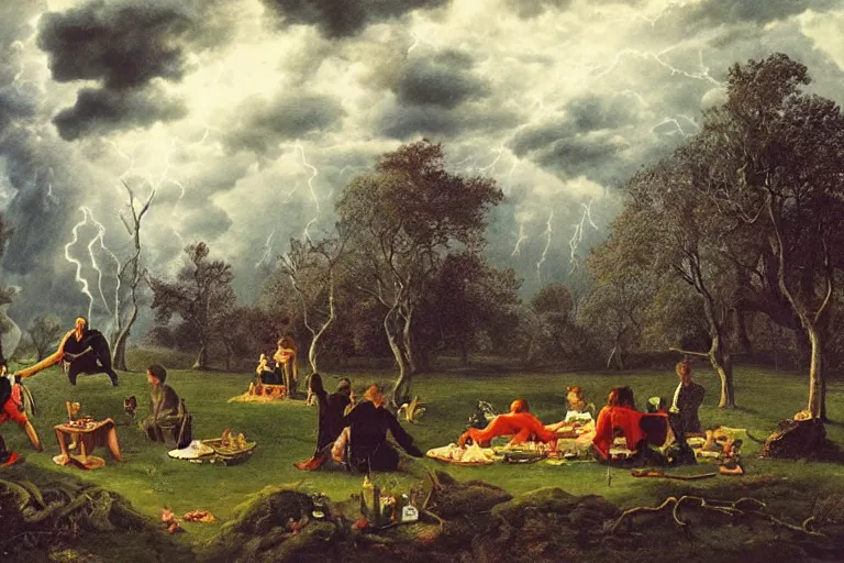 Image similar to a detailed illustration of a god ruining a picnic in the park, nightmare in the park, calamity, dark storms with lightning, ultrawide lens, aerial photography, natural disaster, 8 k, art by pierre - henri de valenciennes and caspar david friedrich and jacob gensler and eugene isabey