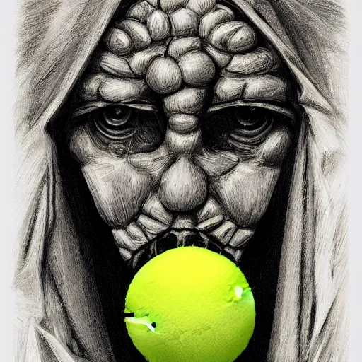 Image similar to a tennis ball monster, tennis ball, dark, chalky, virgin mary, pope, digital art, fantasy, magic, trending on artstation, ultra detailed, professional illustration by Basil Gogos