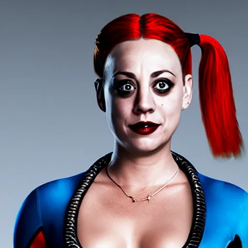 Image similar to A still of Kaley Cuoco as Harley Quinn