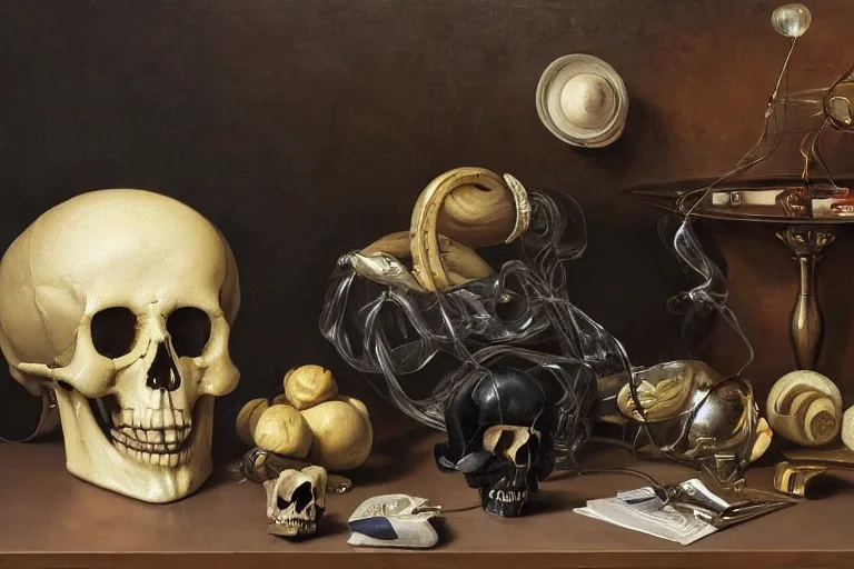 Prompt: a vanitas painting from the 21st century by clara peeters and pieter claesz with a skull but also with air pods, a smartphone and a huge NVIDIA RTX GPU , cables, wires