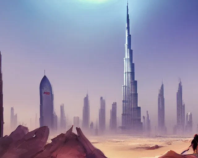 Image similar to dubai city and burj khalifa in front big desert, atmospheric lighting. by makoto shinkai, stanley artgerm lau, wlop, rossdraws, james jean, andrei riabovitchev, marc simonetti, krenz cushart, sakimichan, d & d trending on artstation, digital art.