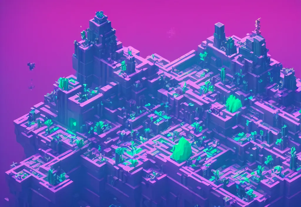 Image similar to isometric magicavoxel bloodborne no mans sky, vaporwave, cinematic lighting, 4 k