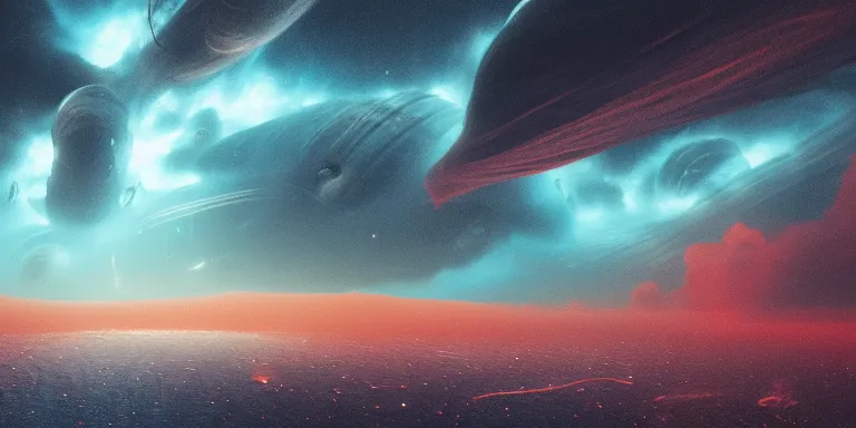 Image similar to throng of various alien flying shiny fish - like creatures, in the style of edwin salpeter. scene set in the upper atmosphere of jupiter. electrical storms. beautiful clouds. volumetric real lighting. real light and shadows. dim sun. astronomy. artstation, octane, real details, fog, 8 k, hd, warm red and orange shades.