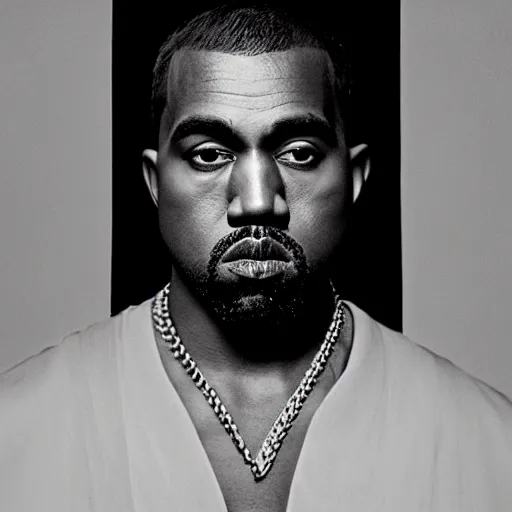 Image similar to a chiaroscuro lighting portrait of kanye west dressed in rick owens clothing, black background, portrait by julia margaret cameron, shallow depth of field, 8 0 mm, f 1. 8