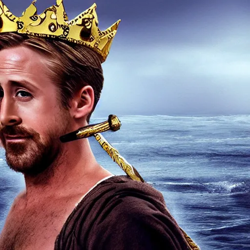 Image similar to screaming Ryan Gosling as Poseidon with trident and crown on head, the king of the sea, ready to fight, matte painting, dark colors